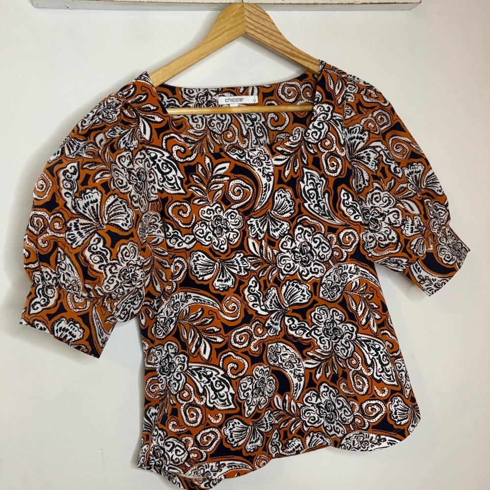 Chico's Orange Floral Paisley Puff-Sleeve Mixed Media Top